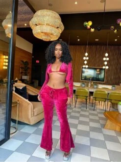 Hooded Pleuche Slit Pocket Pants Three Piece Set