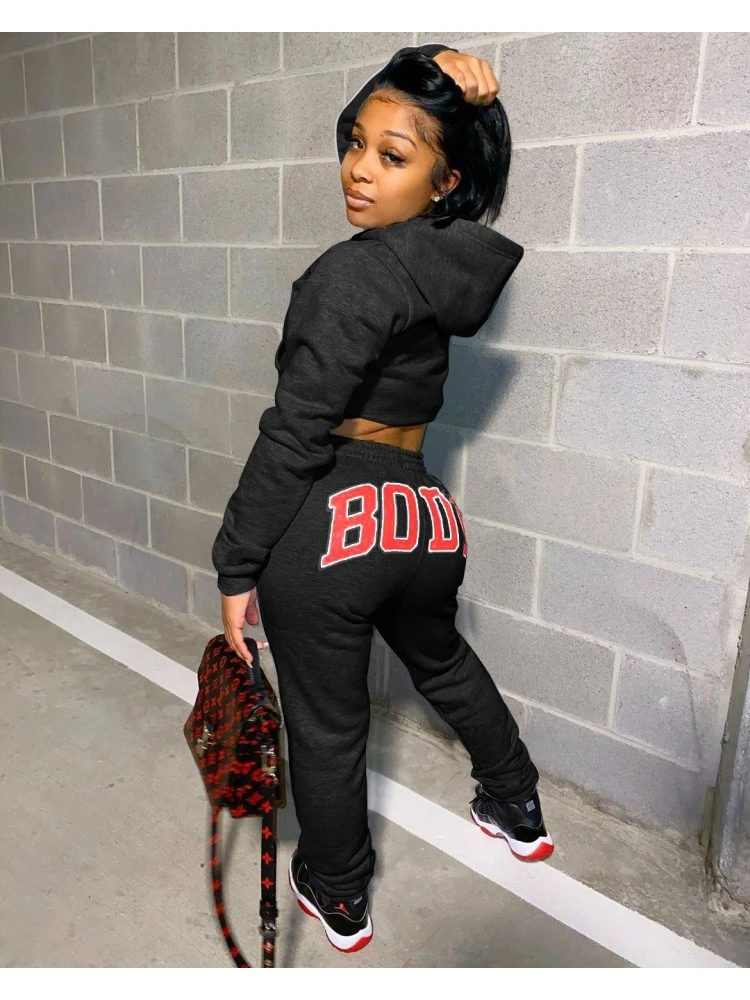 Letter Pattern Hooded Fitted Pants Sets - Image 2