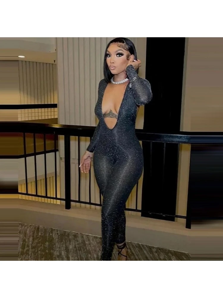 Shiny Deep V Neck Backless Jumpsuit