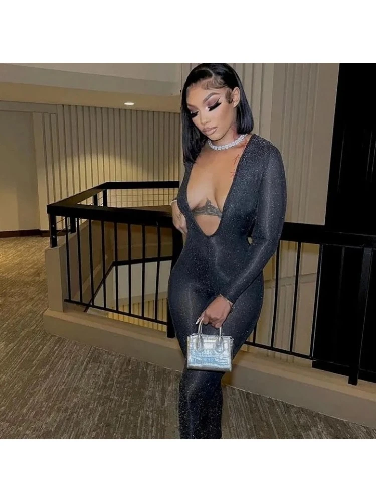 Shiny Deep V Neck Backless Jumpsuit - Image 2