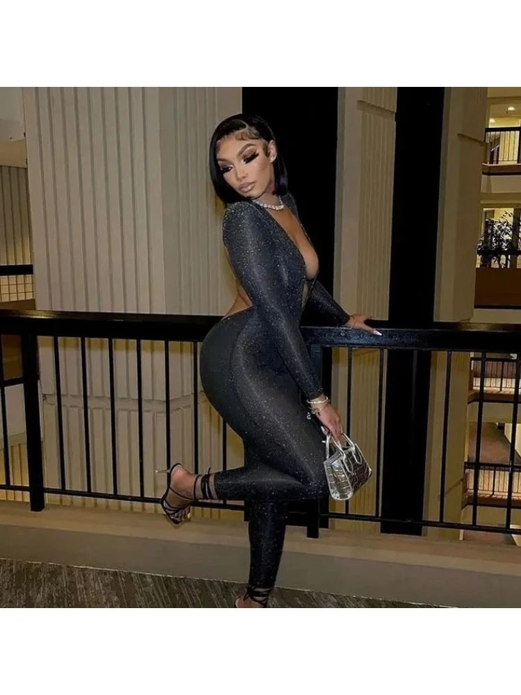 Shiny Deep V Neck Backless Jumpsuit - Image 4