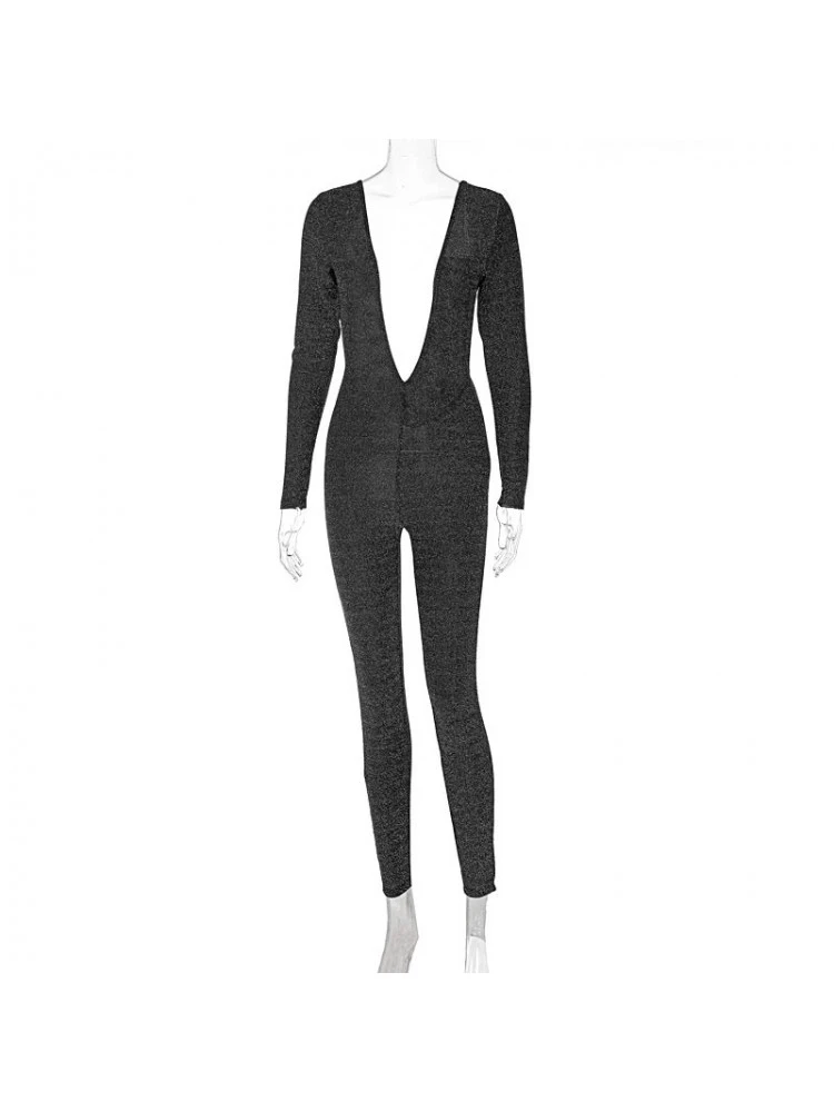 Shiny Deep V Neck Backless Jumpsuit - Image 5