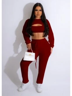 Patchwork Rib Long Sleeve Cropped Trouser 3PCS Sets