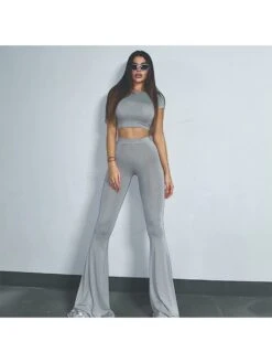 Solid Color Cropped Fitted Flare Pants Suit