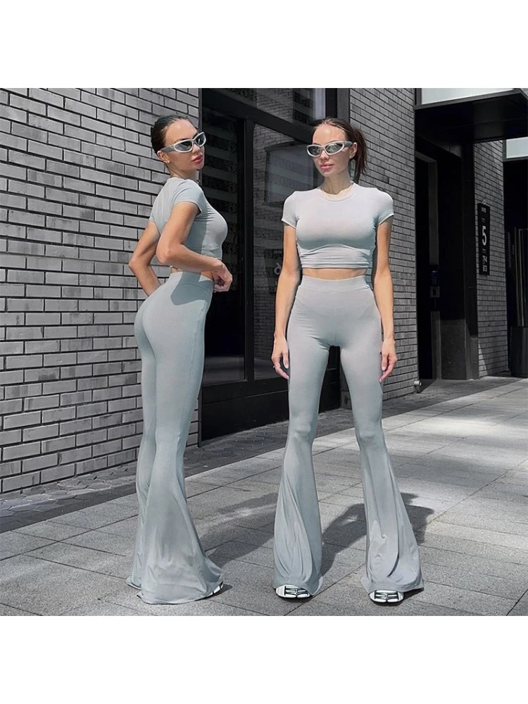 Solid Color Cropped Fitted Flare Pants Suit - Image 2