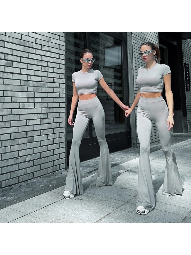 Solid Color Cropped Fitted Flare Pants Suit - Image 3