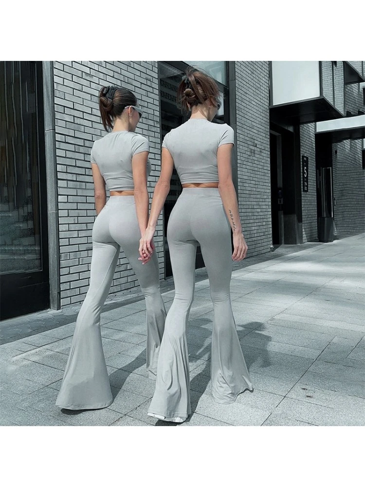 Solid Color Cropped Fitted Flare Pants Suit - Image 4