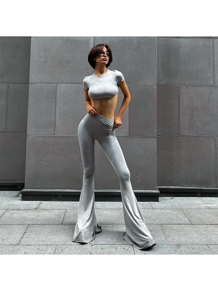 Solid Color Cropped Fitted Flare Pants Suit - Image 5