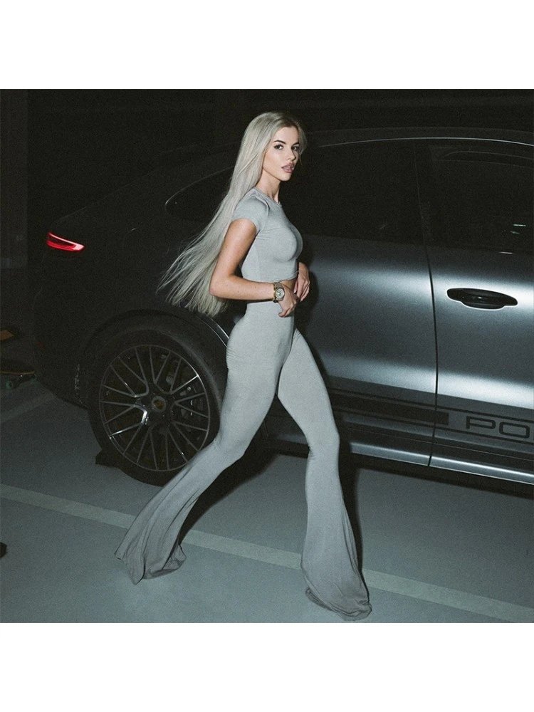 Solid Color Cropped Fitted Flare Pants Suit - Image 6