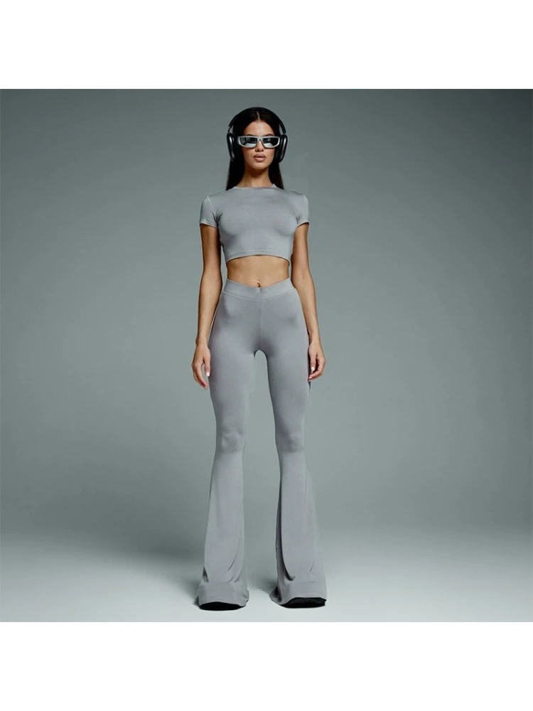 Solid Color Cropped Fitted Flare Pants Suit - Image 7
