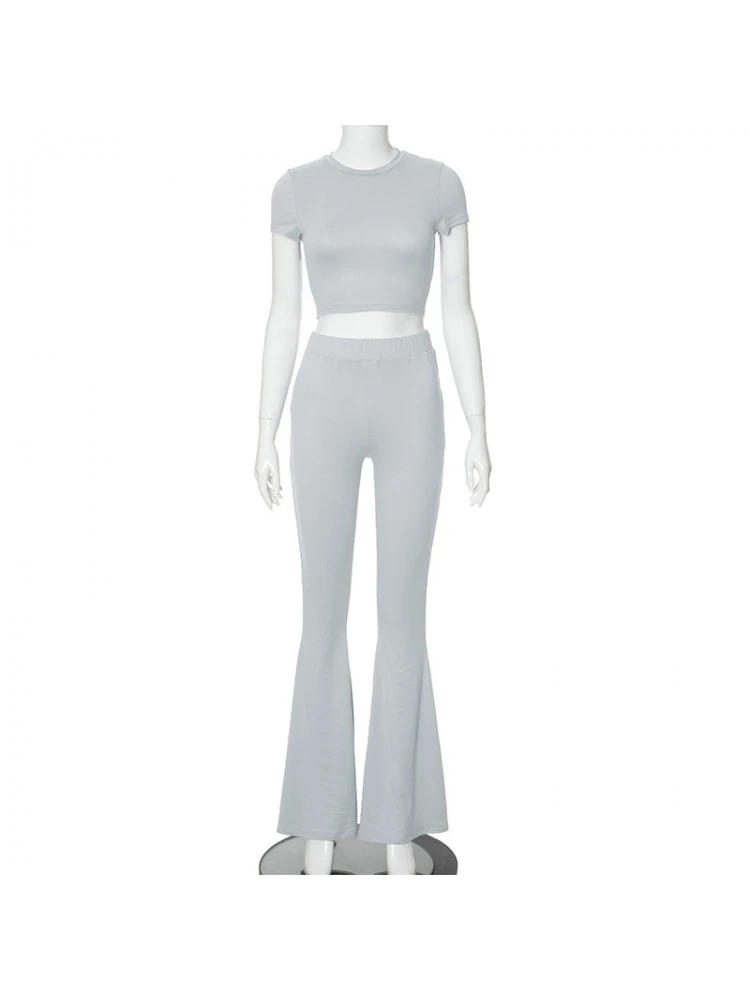 Solid Color Cropped Fitted Flare Pants Suit - Image 8