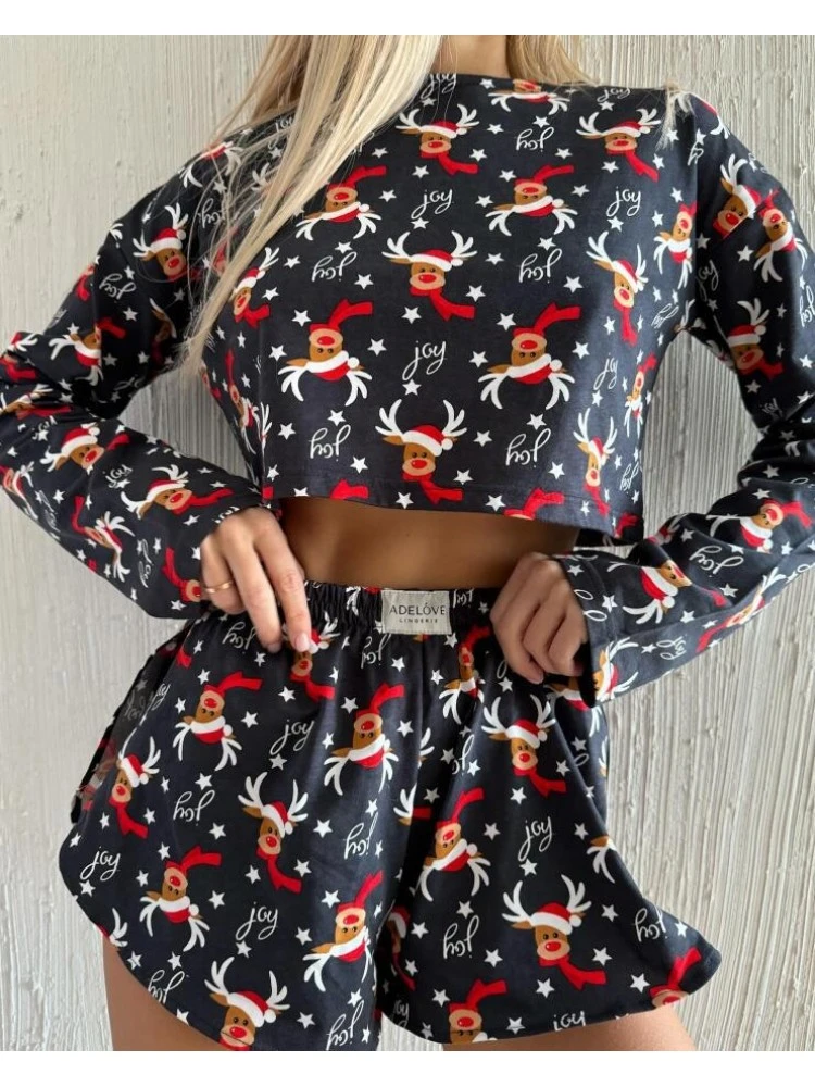 Christmas Print Patchwork Cropped Pajamas Set