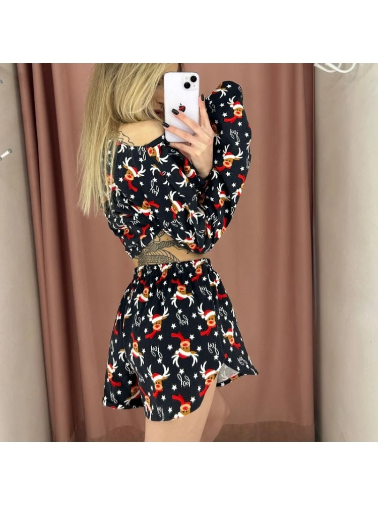 Christmas Print Patchwork Cropped Pajamas Set - Image 2