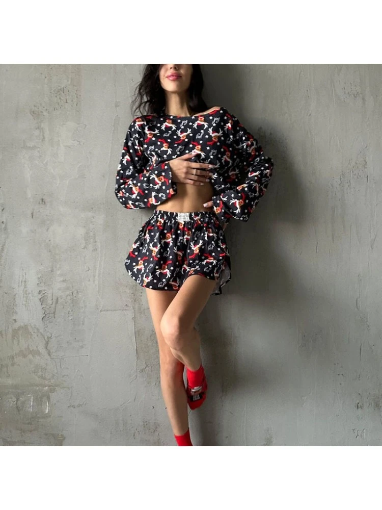 Christmas Print Patchwork Cropped Pajamas Set - Image 3