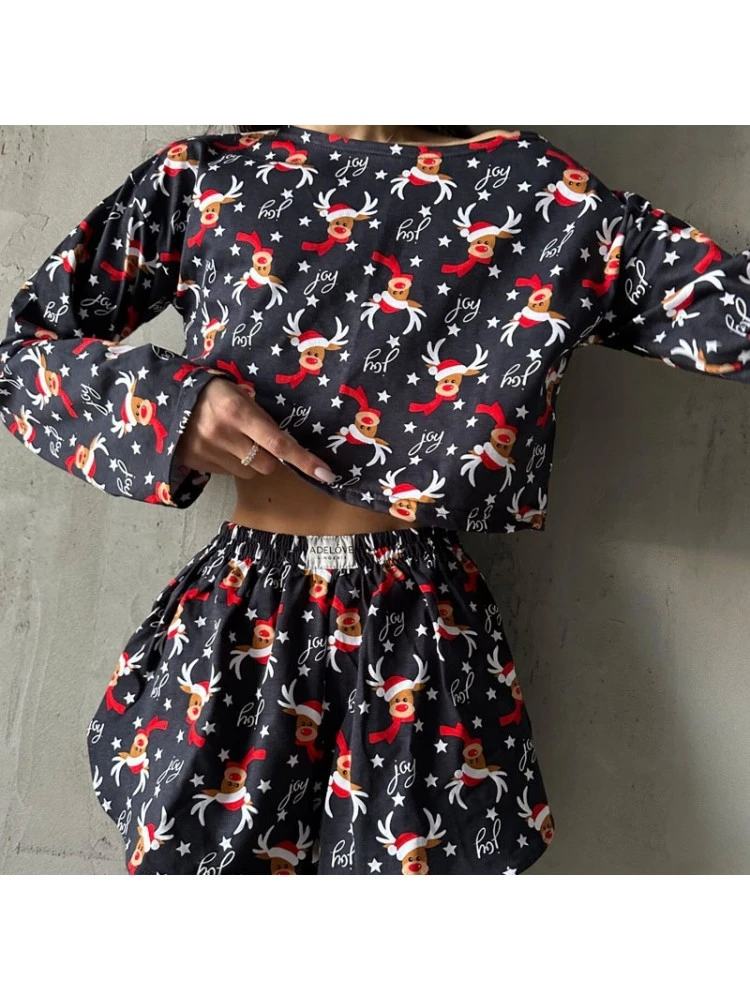 Christmas Print Patchwork Cropped Pajamas Set - Image 5