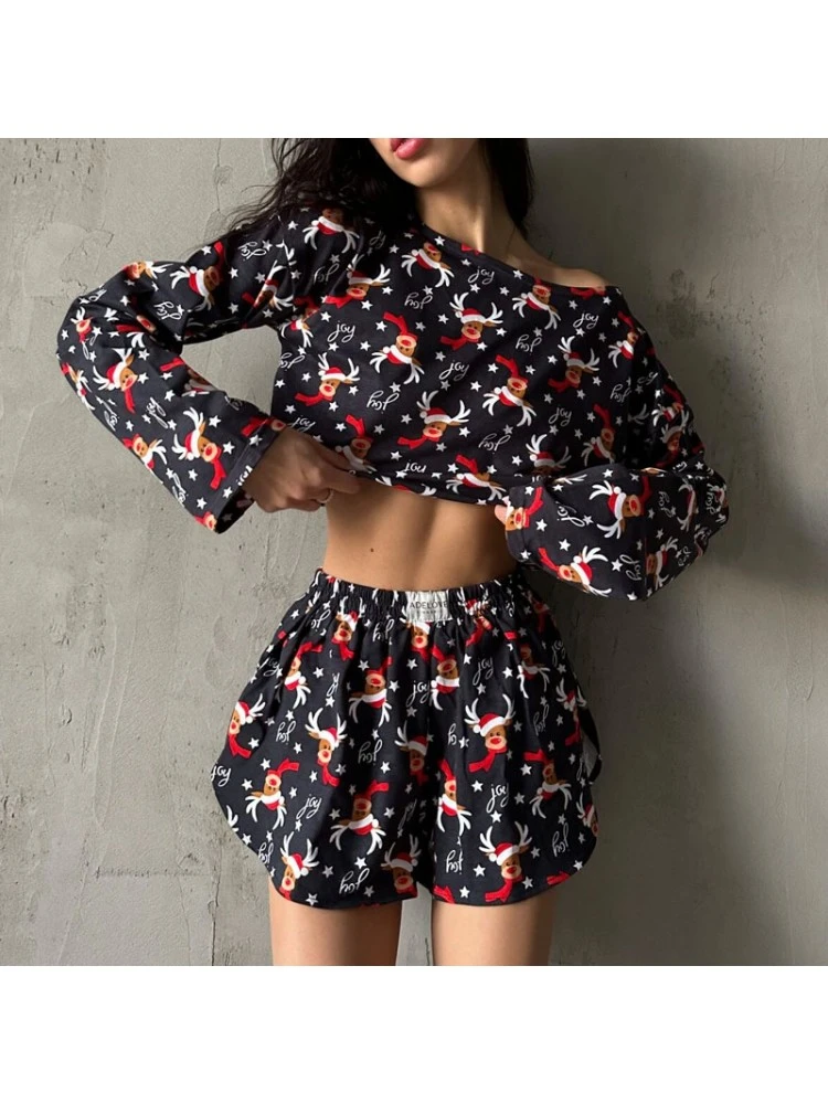 Christmas Print Patchwork Cropped Pajamas Set - Image 6