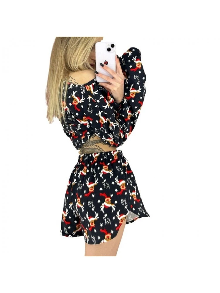 Christmas Print Patchwork Cropped Pajamas Set - Image 7