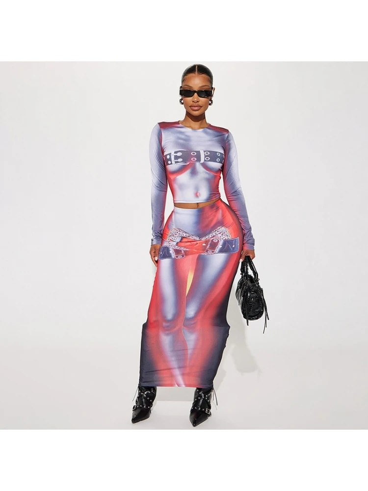 Abstract Printed Fitted Cropped Skirt Sets