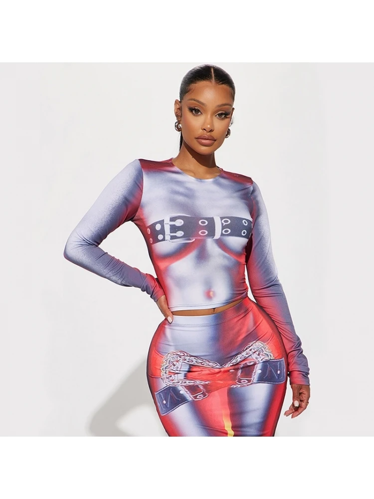 Abstract Printed Fitted Cropped Skirt Sets - Image 3