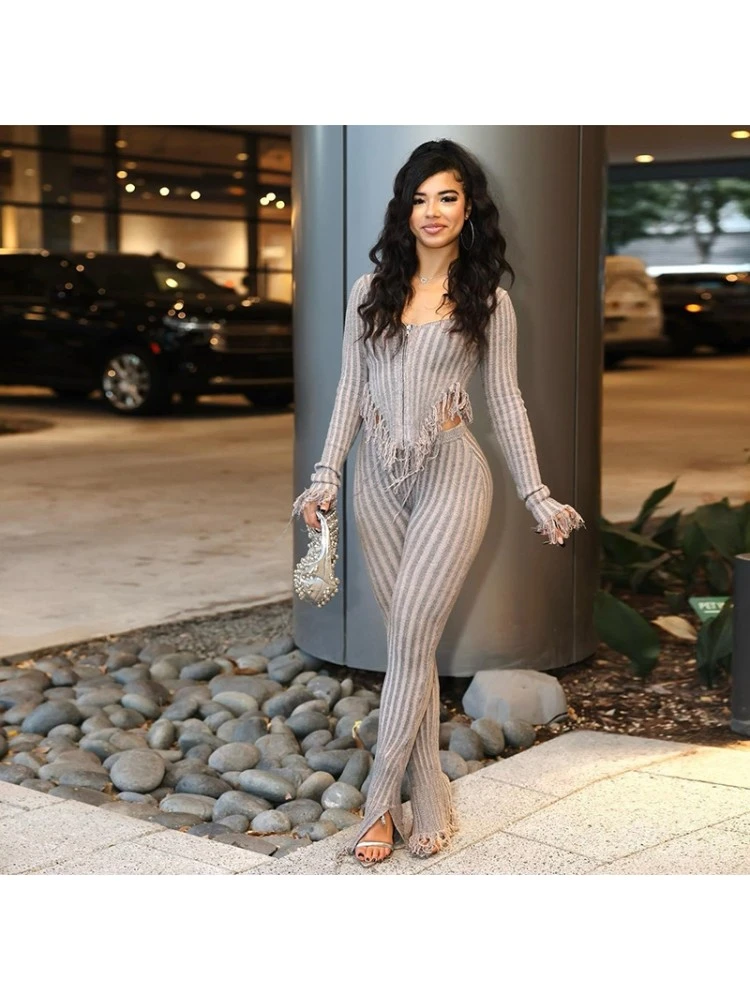 Vertical Knitting Fringe Fitted Pants Sets