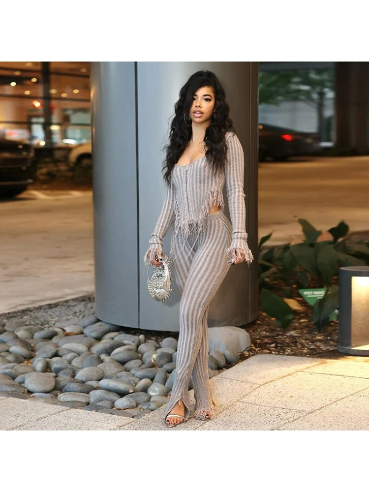 Vertical Knitting Fringe Fitted Pants Sets - Image 2