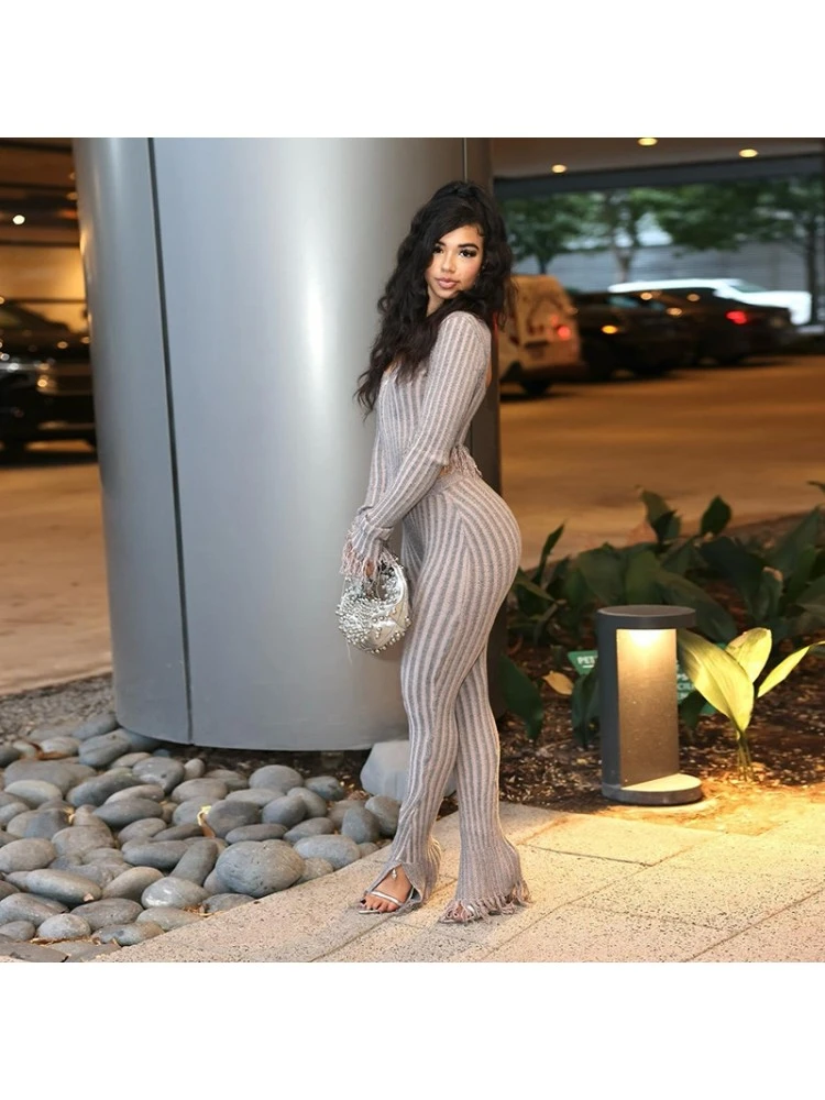 Vertical Knitting Fringe Fitted Pants Sets - Image 4