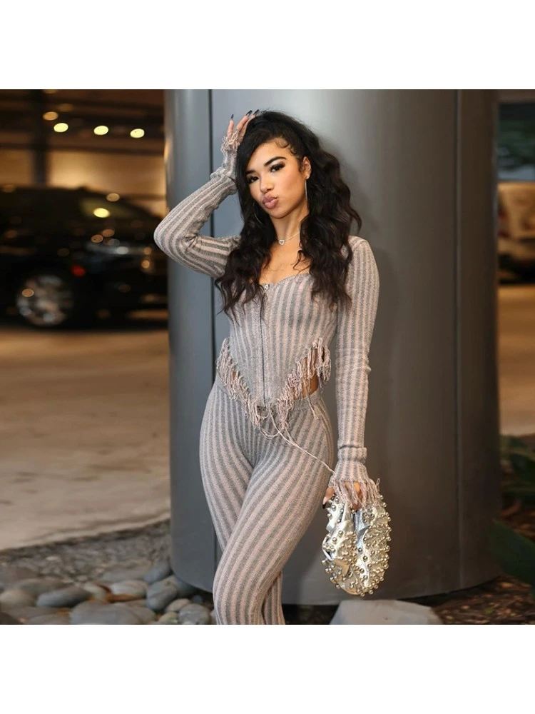 Vertical Knitting Fringe Fitted Pants Sets - Image 6