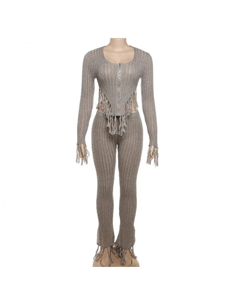 Vertical Knitting Fringe Fitted Pants Sets - Image 7