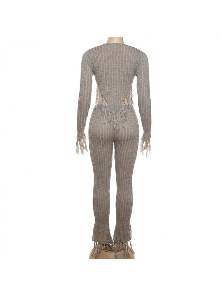 Vertical Knitting Fringe Fitted Pants Sets - Image 8