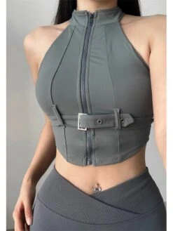 Patchwork Nylon Cropped Hasp Sporty Bra