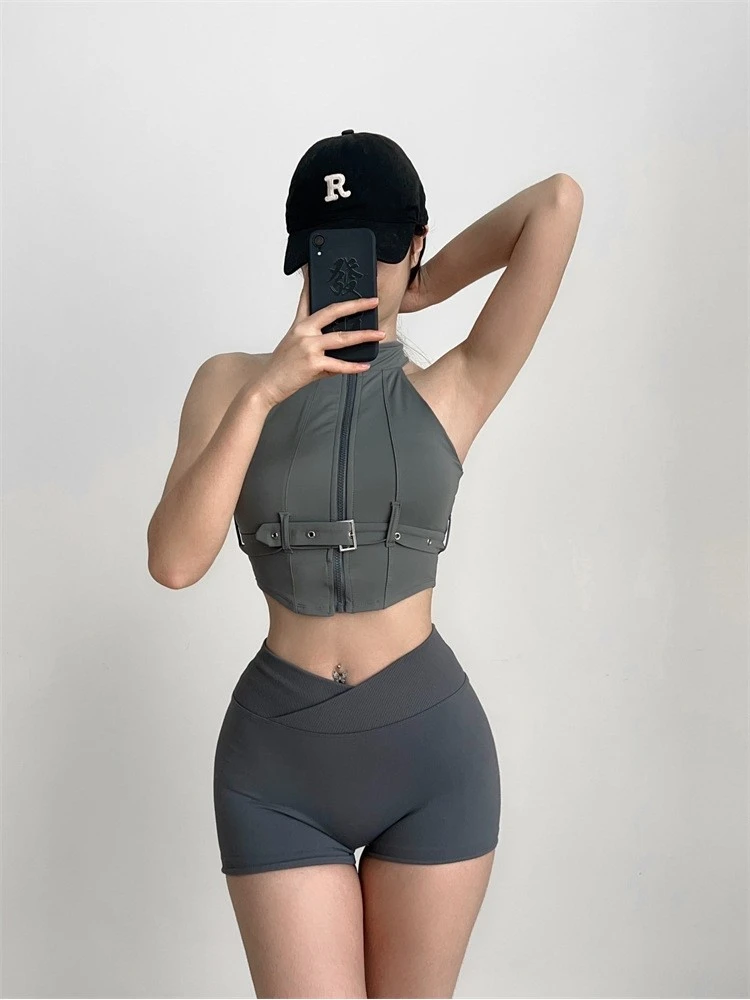 Patchwork Nylon Cropped Hasp Sporty Bra - Image 2