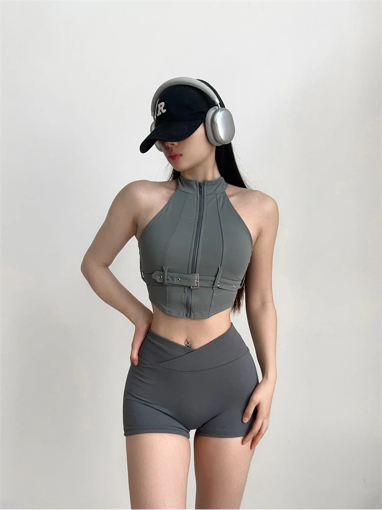 Patchwork Nylon Cropped Hasp Sporty Bra - Image 4