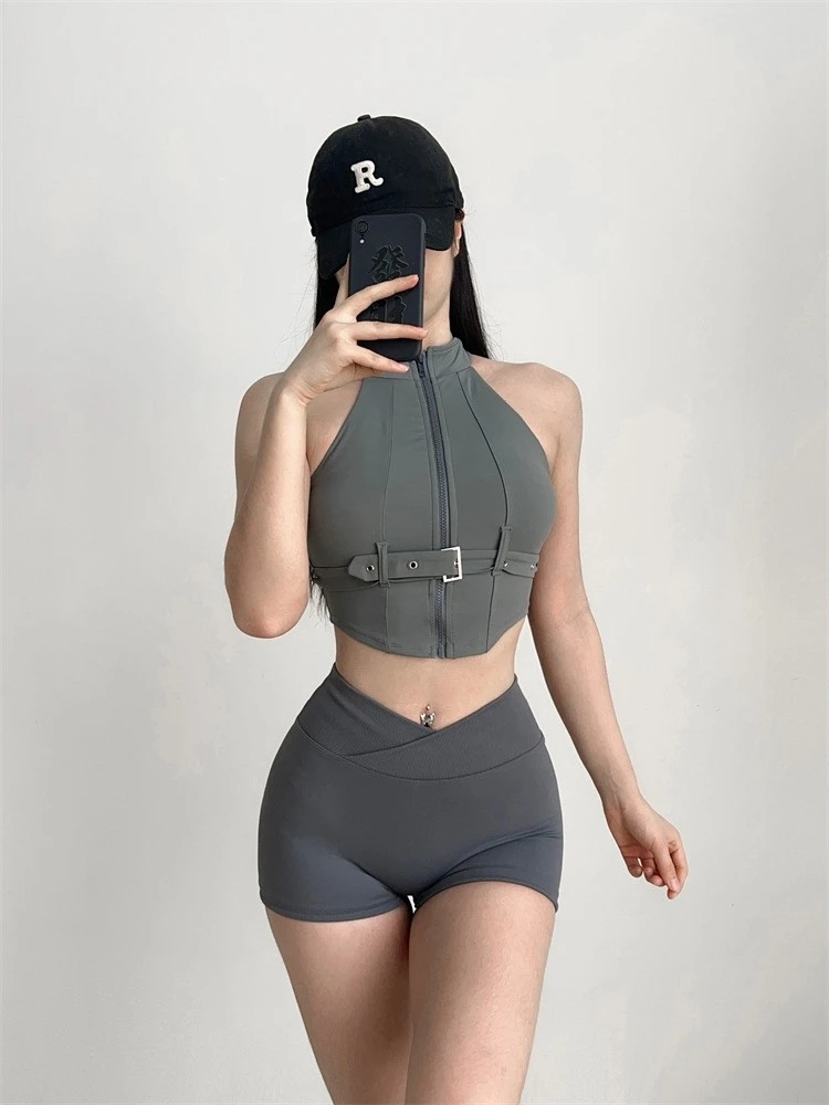 Patchwork Nylon Cropped Hasp Sporty Bra - Image 7