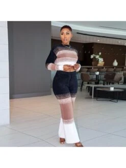 Knitted Striped Colorblock Cropped Pants Suit