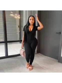 Collar V Neck Fitted Short Sleeve Jumpsuit