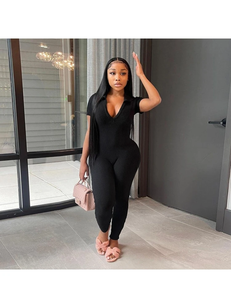 Collar V Neck Fitted Short Sleeve Jumpsuit