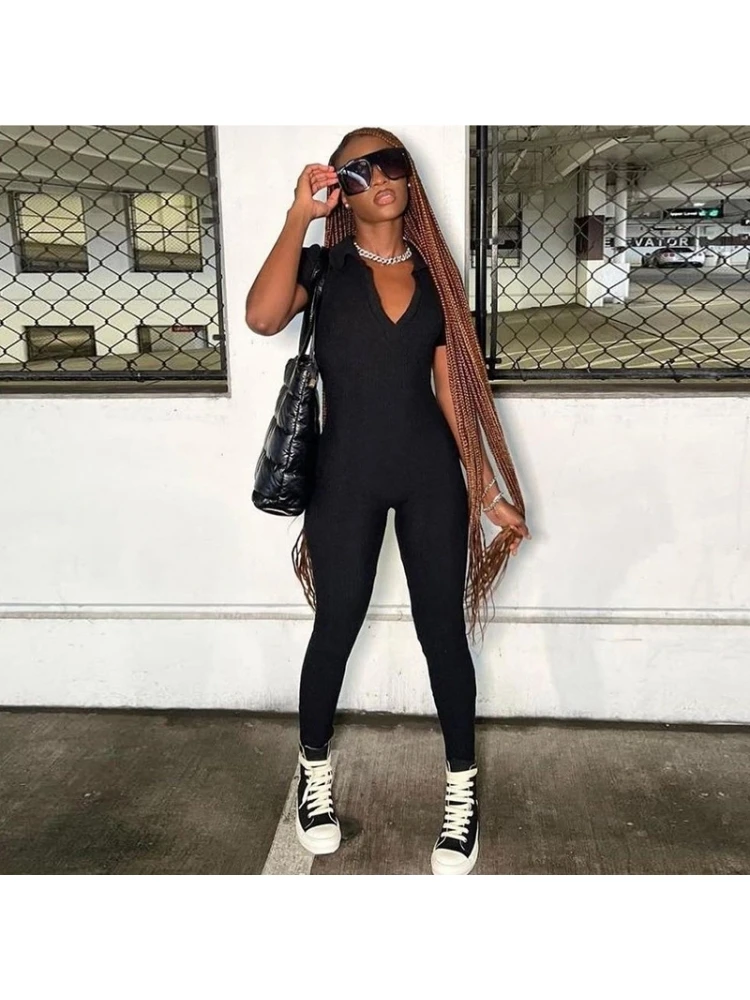 Collar V Neck Fitted Short Sleeve Jumpsuit - Image 2