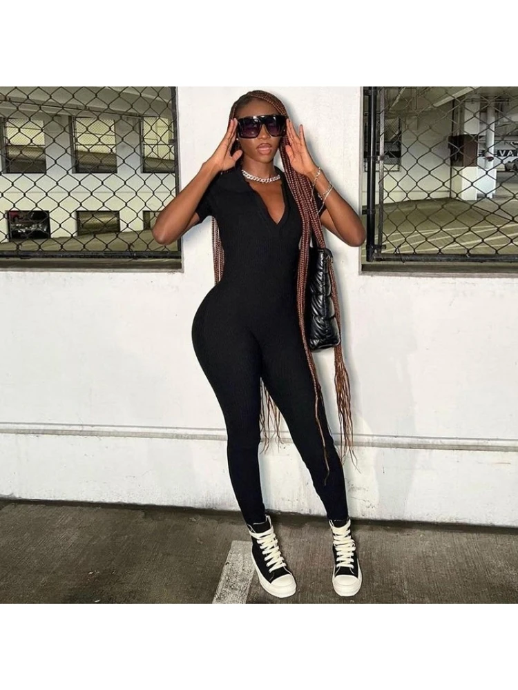 Collar V Neck Fitted Short Sleeve Jumpsuit - Image 3