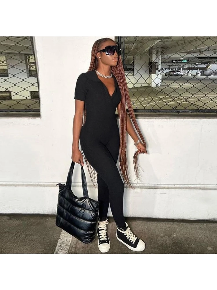 Collar V Neck Fitted Short Sleeve Jumpsuit - Image 4