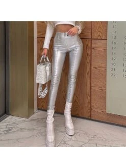 PU High Rise Zipper Fitted Pants