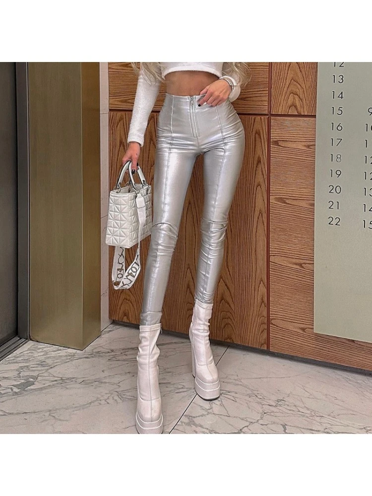 PU High Rise Zipper Fitted Pants