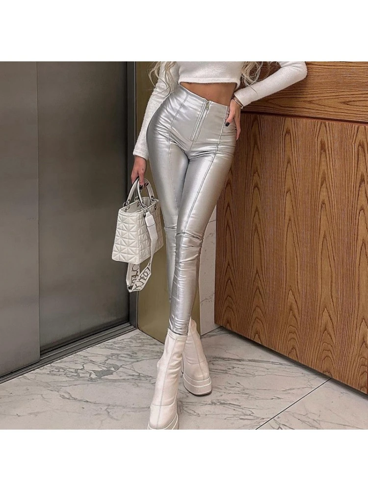 PU High Rise Zipper Fitted Pants - Image 2