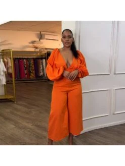 Patchwork Deep V Neck Lantern Sleeve Jumpsuits