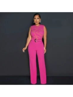 Hotfix Rhinestones Wide Leg With Belt Sleeveless Jumpsuit