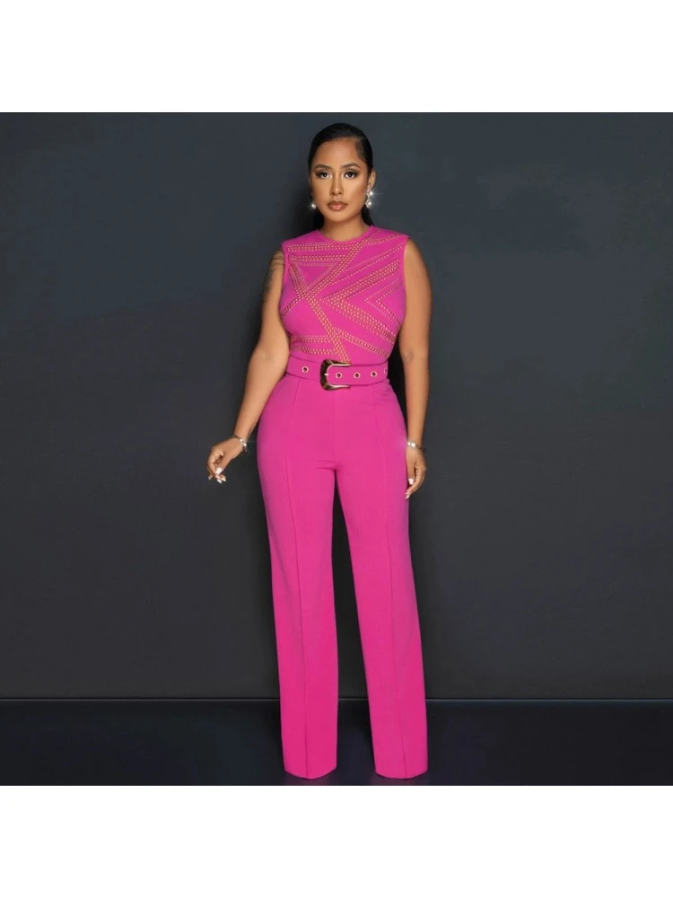 Hotfix Rhinestones Wide Leg With Belt Sleeveless Jumpsuit