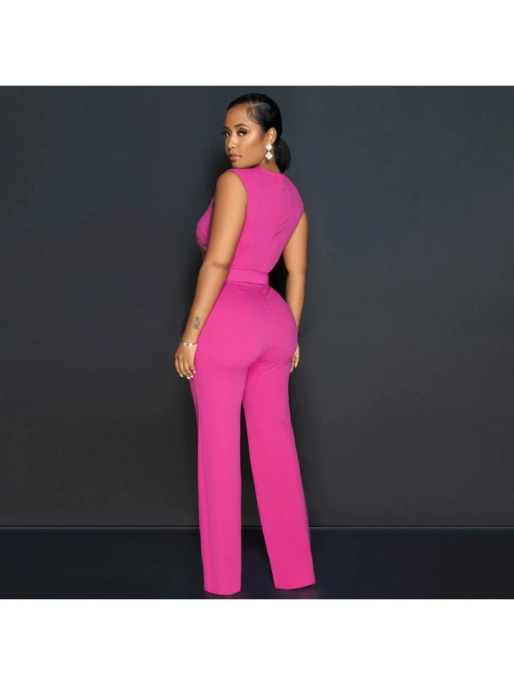 Hotfix Rhinestones Wide Leg With Belt Sleeveless Jumpsuit - Image 2