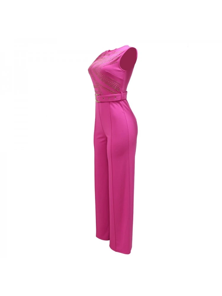 Hotfix Rhinestones Wide Leg With Belt Sleeveless Jumpsuit - Image 3