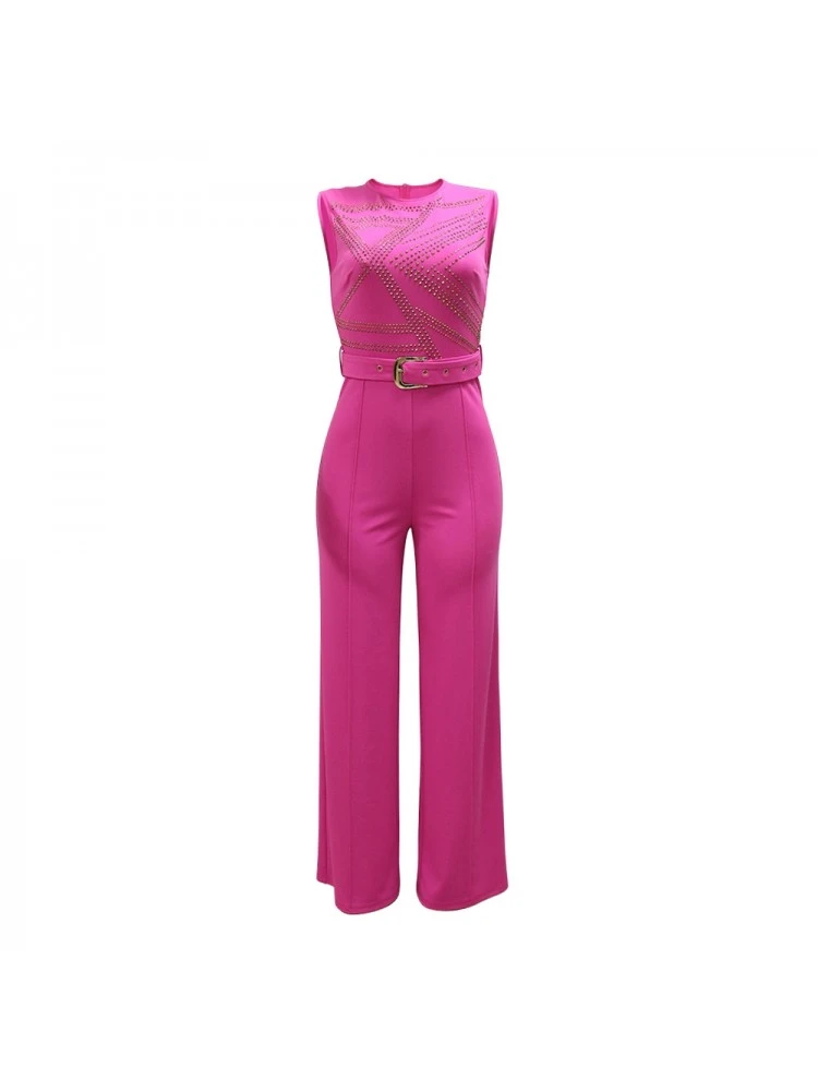 Hotfix Rhinestones Wide Leg With Belt Sleeveless Jumpsuit - Image 4