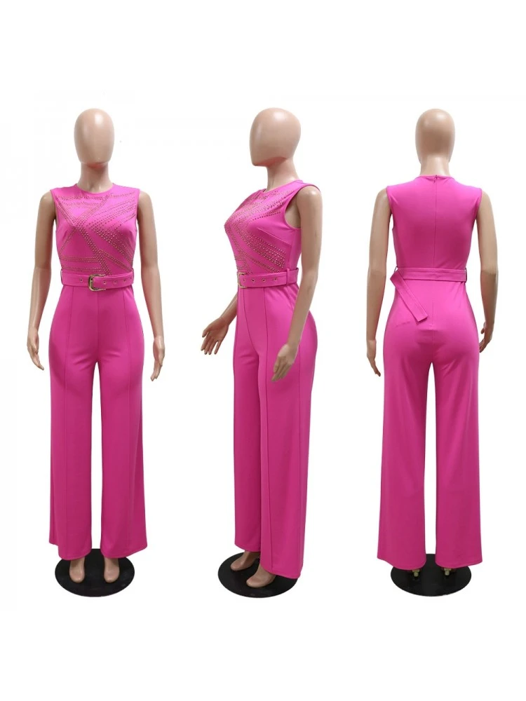 Hotfix Rhinestones Wide Leg With Belt Sleeveless Jumpsuit - Image 6