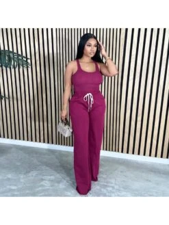 Solid Color Sleeveless Wide Leg Pants Sets